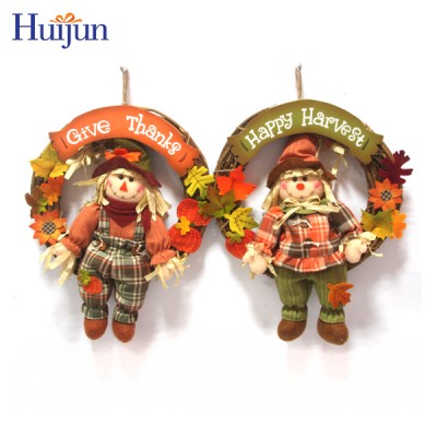 Scarecrow Swinging in Wreath Fall Wall Decoration and Natural Material